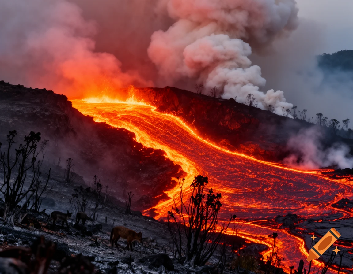 Molten lava river flows down a smoky volcanic slope at dusk, with deer on scorched earth in the foreground.