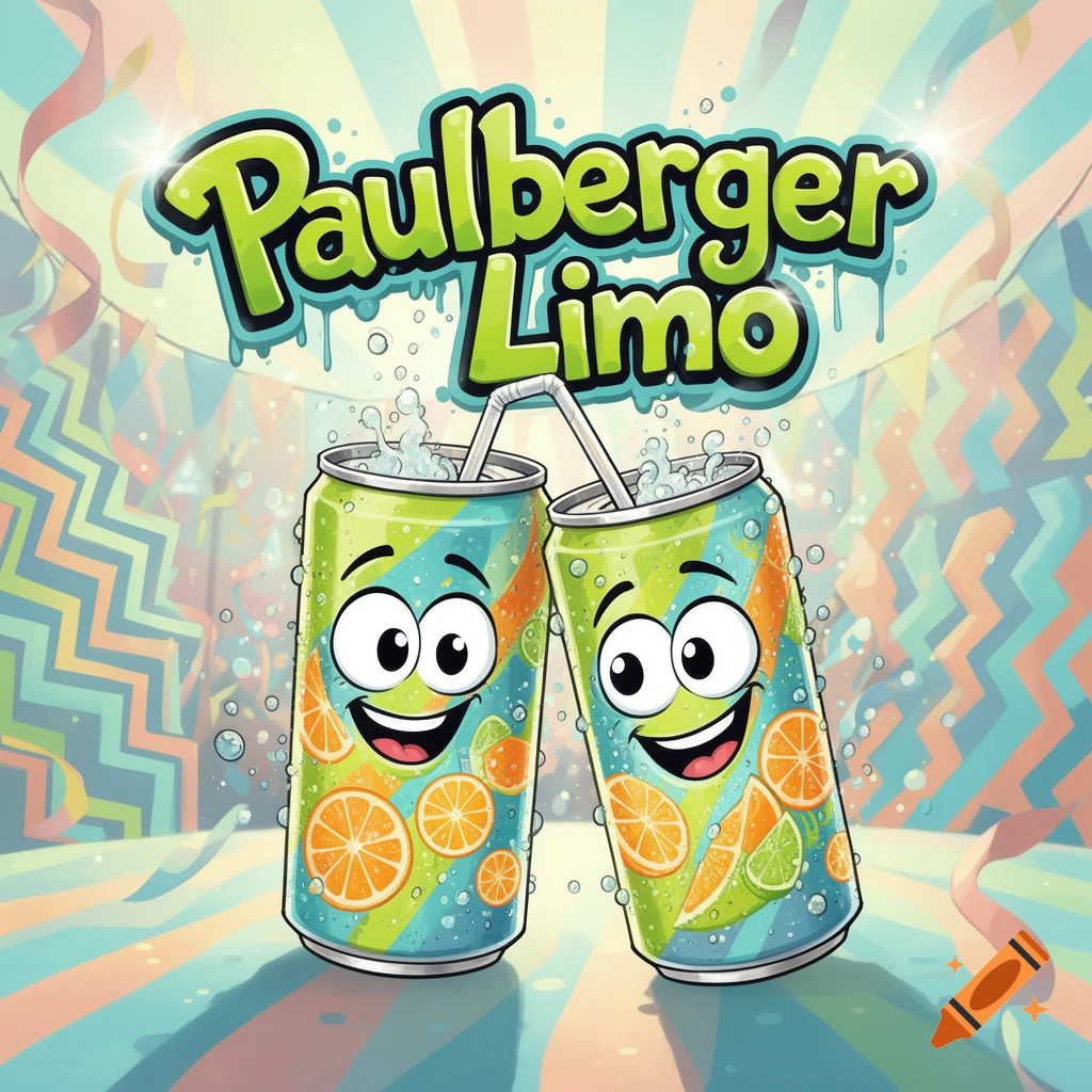 Two smiling cartoon soda cans with straws and citrus slices against a colorful, festive background with Paulberger Limo text.