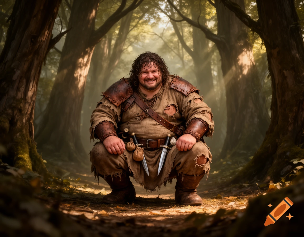 A large, smiling man in rustic medieval clothing and leather armor ...