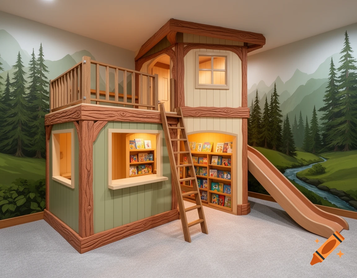 An indoor children's playroom features a two-story treehouse-style play structure with a slide, ladder, and reading nook, against a forest mural.