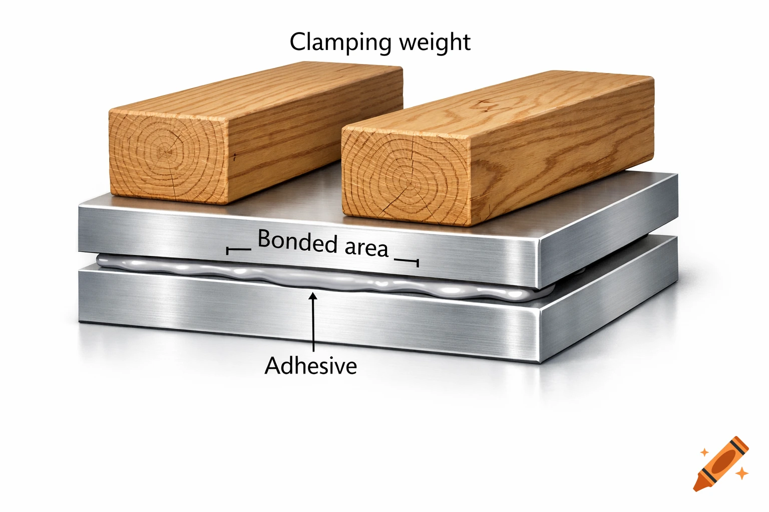 Scientific diagram of two metal plates bonded with adhesive, held by two wooden clamping weights, against a white background.