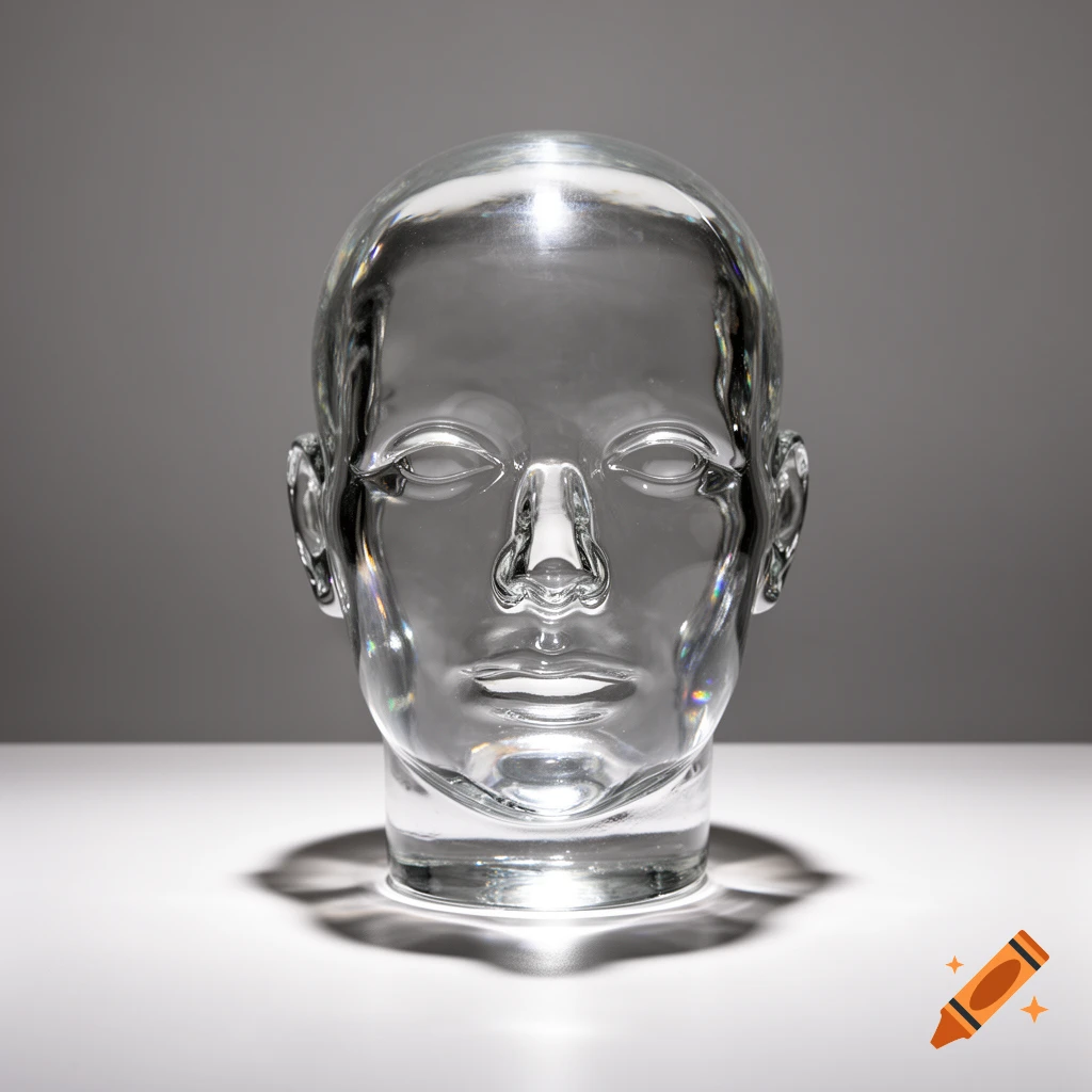 A photorealistic close-up of a clear glass human head, reflecting light and casting shadows on a white surface.
