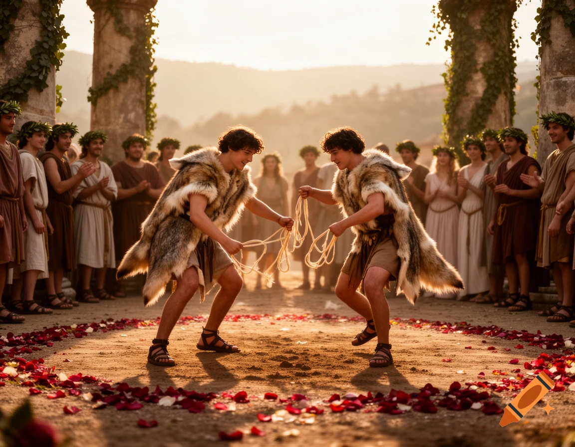 Two young men in fur cloaks and sandals hold ropes in a circle of rose petals, surrounded by spectators in ancient attire at sunset.