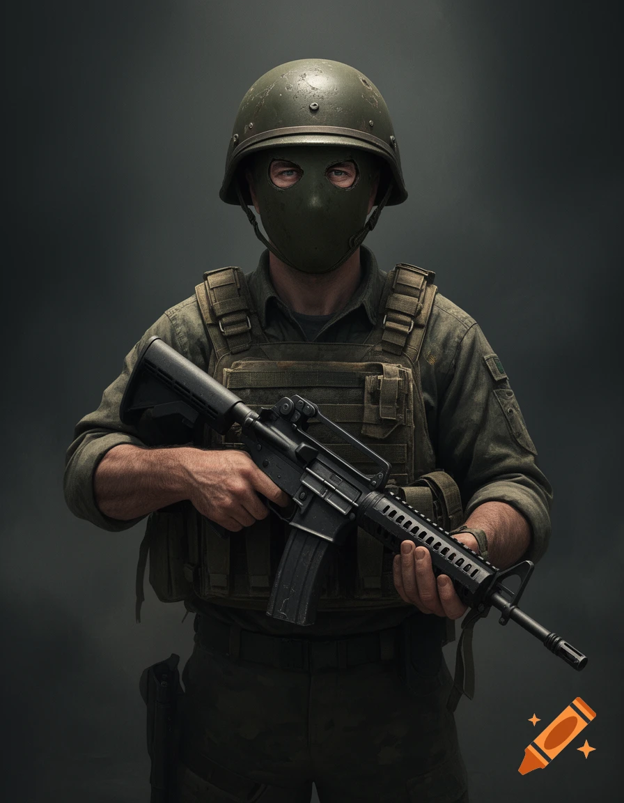 A man in a dented olive military helmet and mask, wearing a worn tactical vest, holds an assault rifle against a dark background in a raw and realistic style.