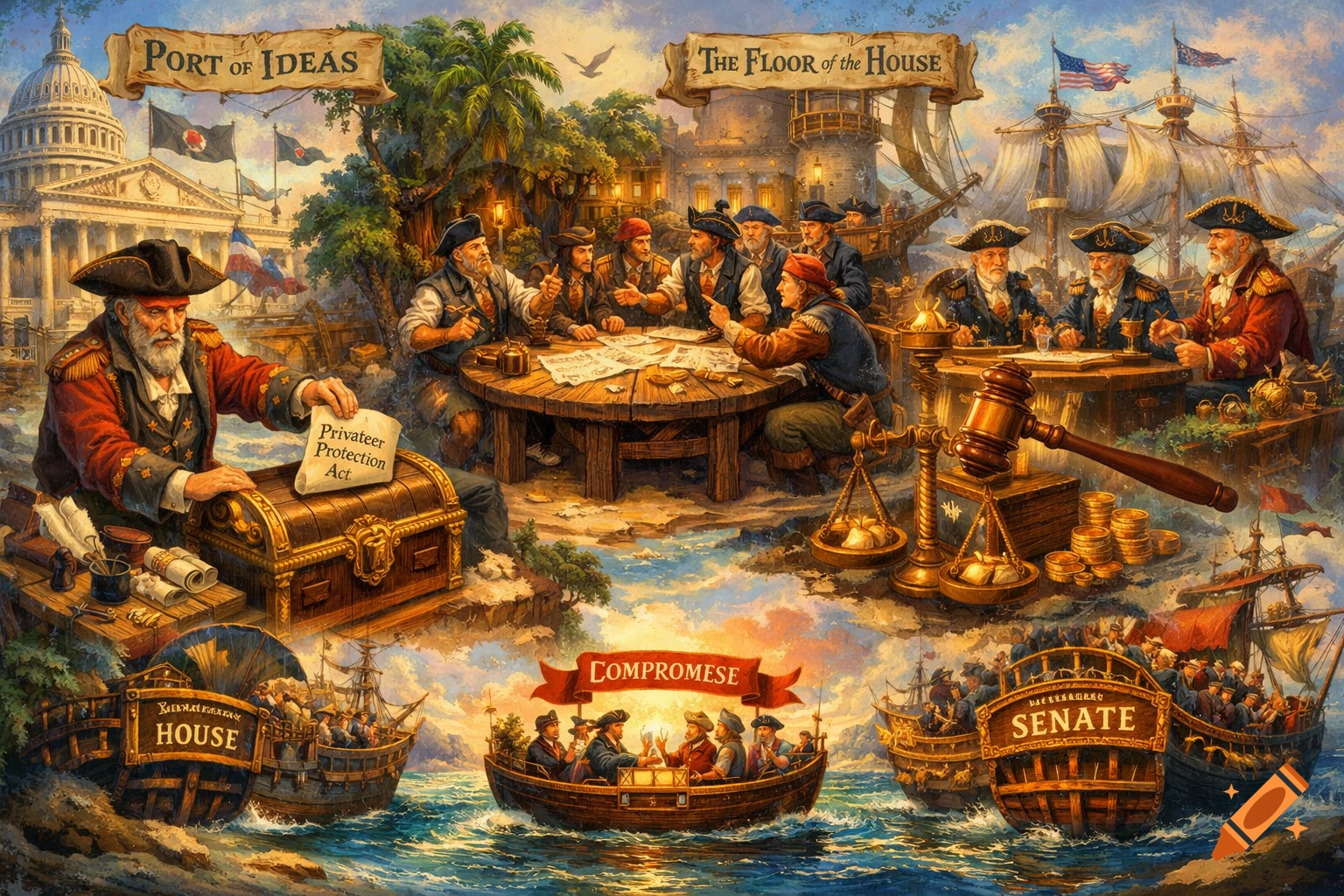 An elaborate allegorical painting depicting the legislative process with pirates, ships, and buildings. Text labels include 'Port of Ideas', 'The Floor of the House', 'Privateer Protection Act', 'Compromise', 'House', and 'Senate'.