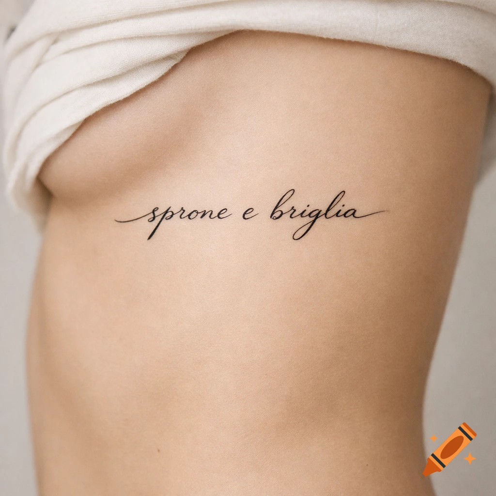 Close-up of a person's rib cage with a black cursive tattoo reading 'sprone e briglia' on light skin.