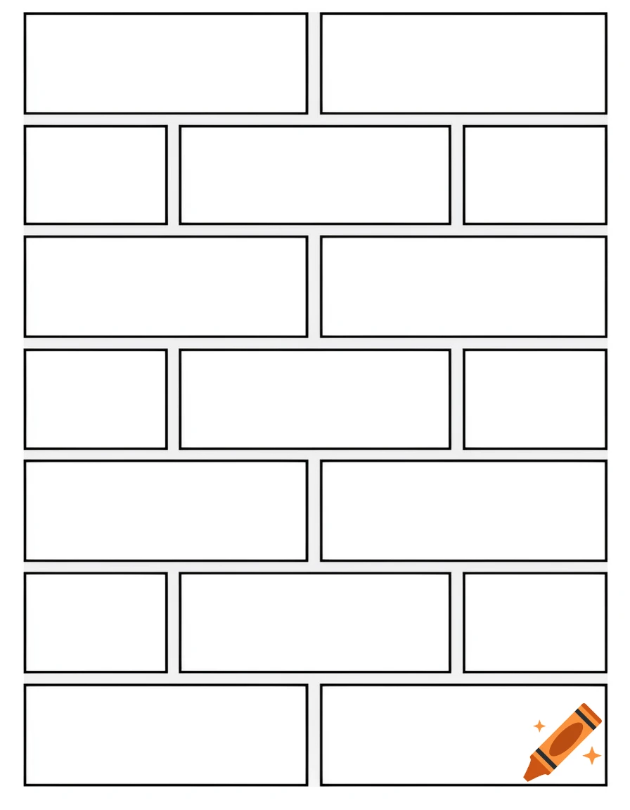 A blank printable page featuring a staggered brick wall pattern of ten rectangular panels with thick black outlines and white fill, in portrait orientation.