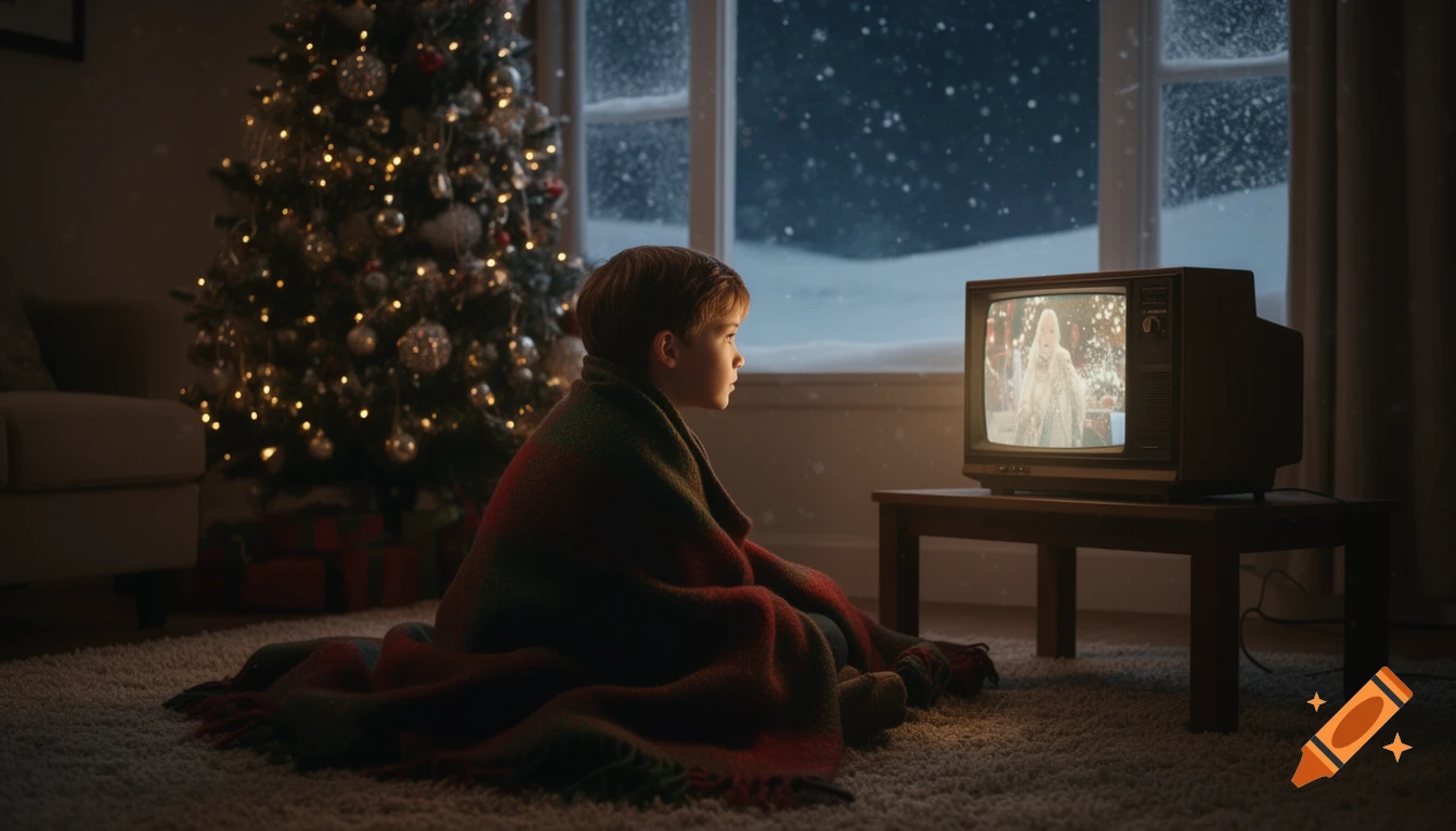 A child wrapped in a blanket watches a Christmas movie on an old TV, with a decorated Christmas tree and snow falling outside.