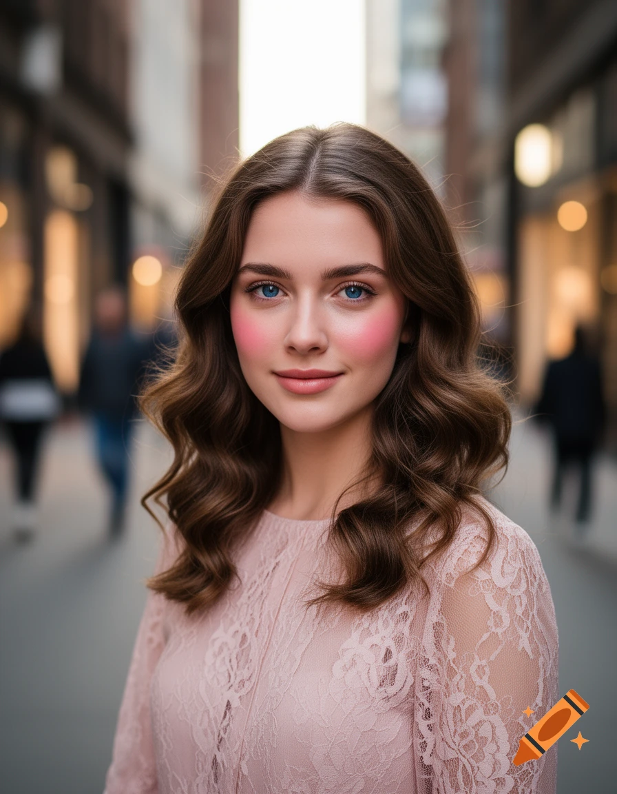 A young woman with long brown wavy hair and blue eyes smiles at the camera, wearing a pink lace dress on a city street.