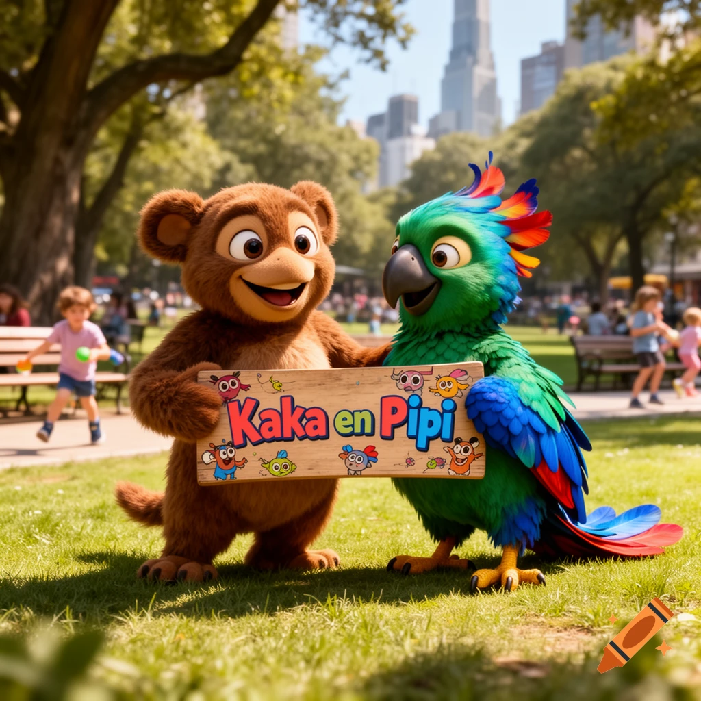 A friendly cartoon bear and a colorful parrot hold a sign that says 'Kaka en Pipi' in a sunny park with children playing in the background.