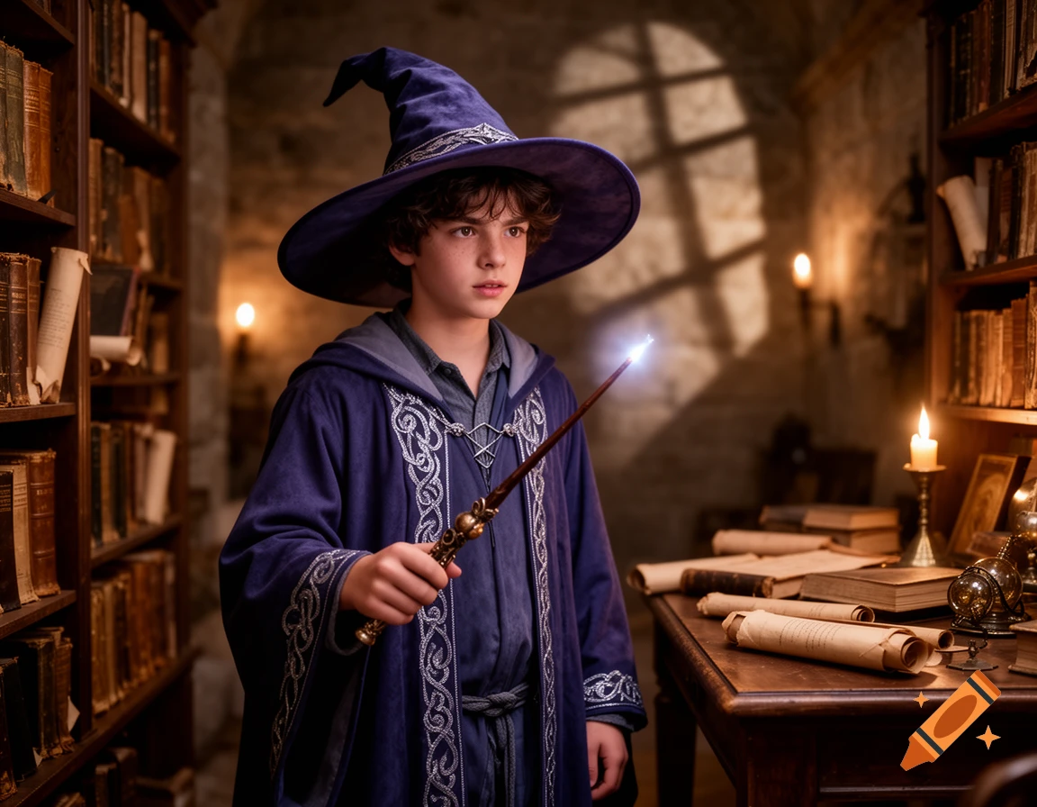 A young wizard in a blue robe and hat holds a glowing wand in a dimly lit library filled with old books.