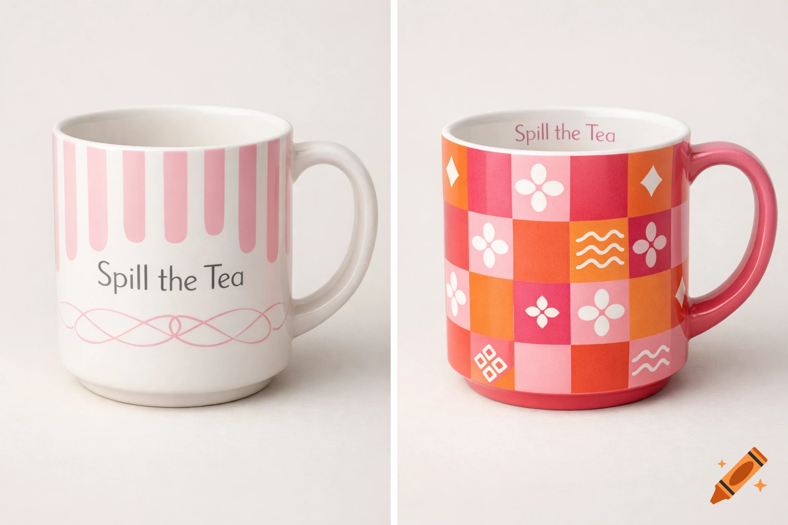 Two decorative mugs: one white with pink vertical stripes and 'Spill the Tea' text, the other with pink and orange checkerboard patterns.