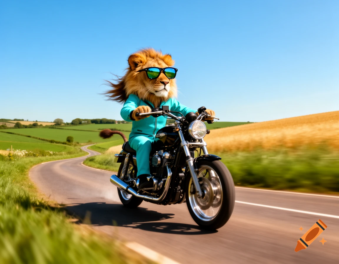 A cool anthropomorphic lion wearing blue sunglasses rides a black motorcycle on a winding road through green fields under a clear blue sky.