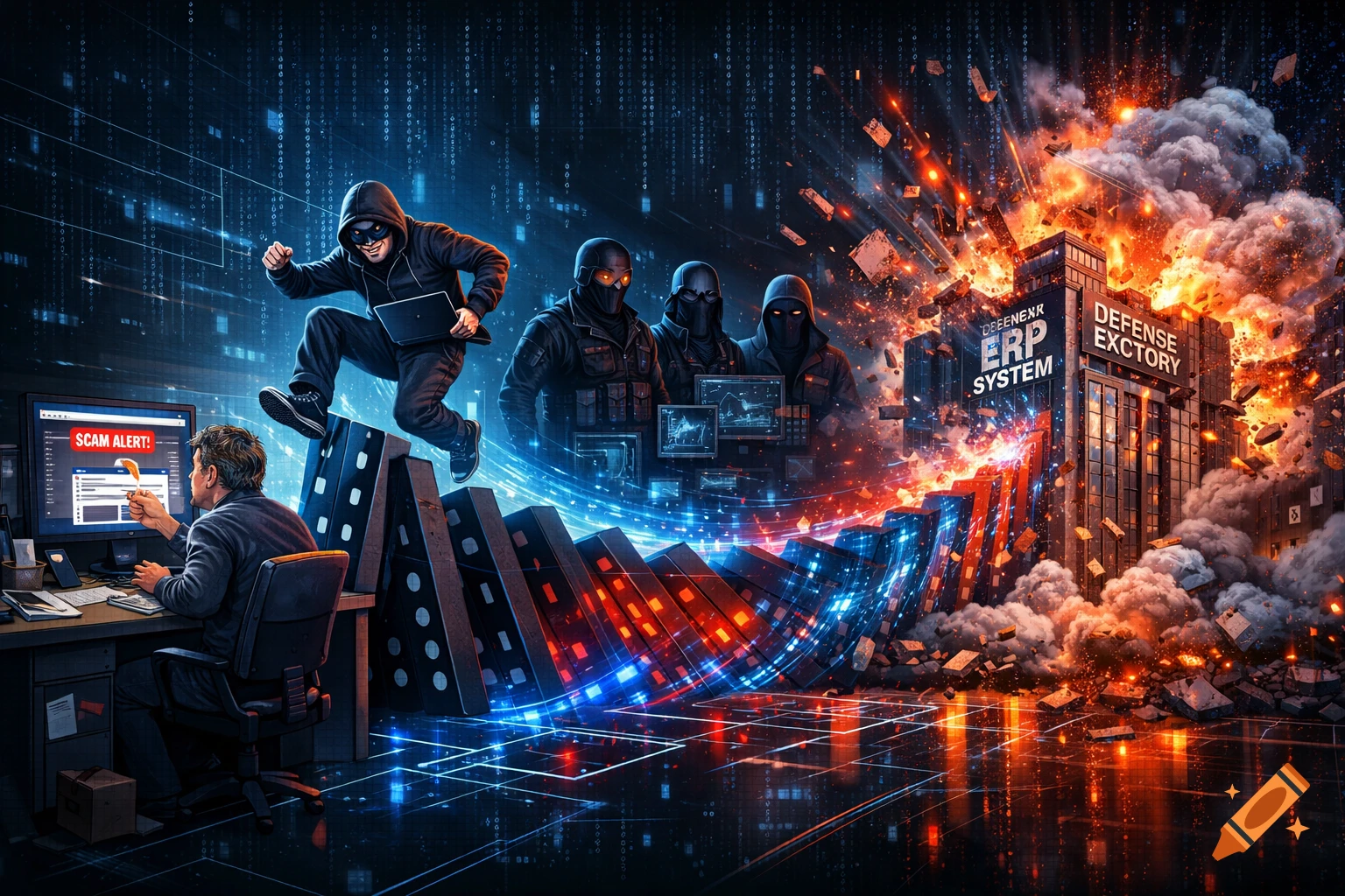 An infographic-style illustration of a cyberattack domino effect. A worker clicks a phishing link, a hacker jumps over dominoes, and masked figures manipulate data as a "Defense ERP System" building explodes. The style is cyberpunk with glowing blue and red lines.