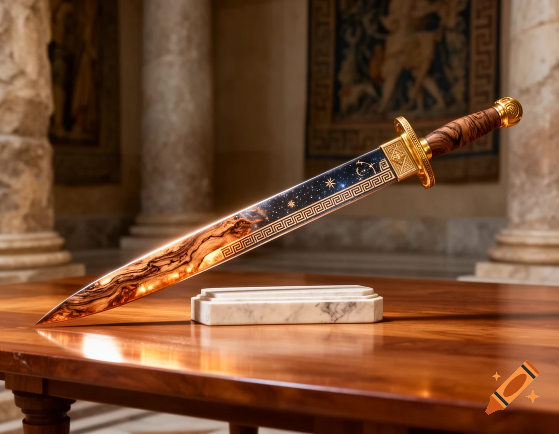 An ornate Greek sword with a wooden hilt and a blade depicting a starry night sky and glowing, marbled wood, displayed on a table in an ancient hall.