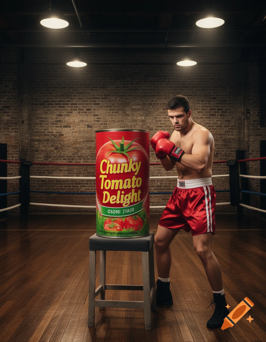 A shirtless male boxer in red gloves and shorts stands in a boxing ring next to a giant can of "Chunky Tomato Delight" on a stool.