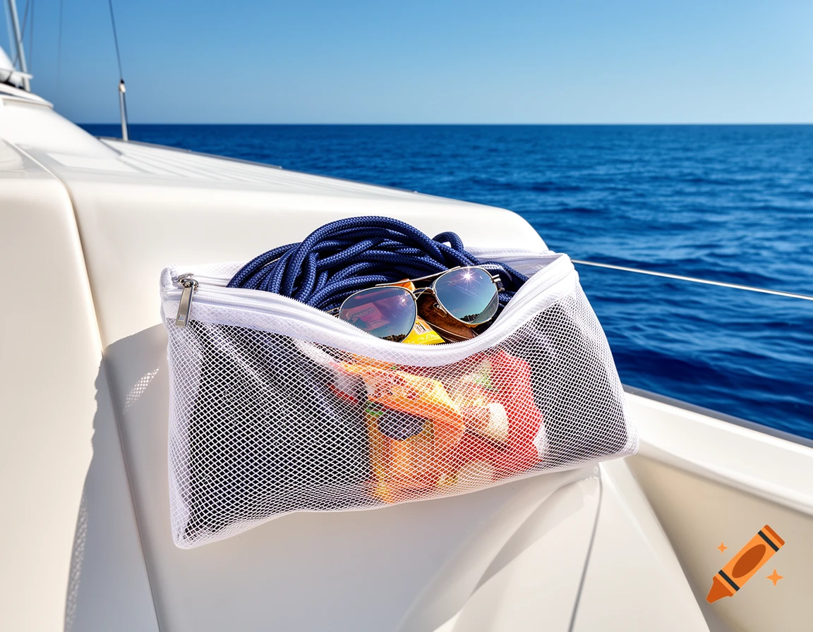 A white mesh bag filled with a coiled blue rope, sunglasses, and snacks on a white yacht deck with the blue ocean in the background.