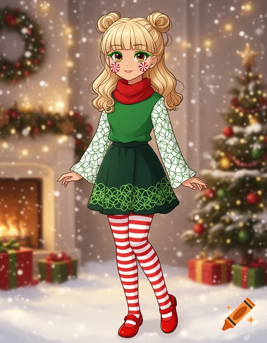 An anime girl with blonde space buns and peppermint cheek makeup wears a green and white Christmas outfit with striped tights, standing in a snowy room with a fireplace and Christmas tree.