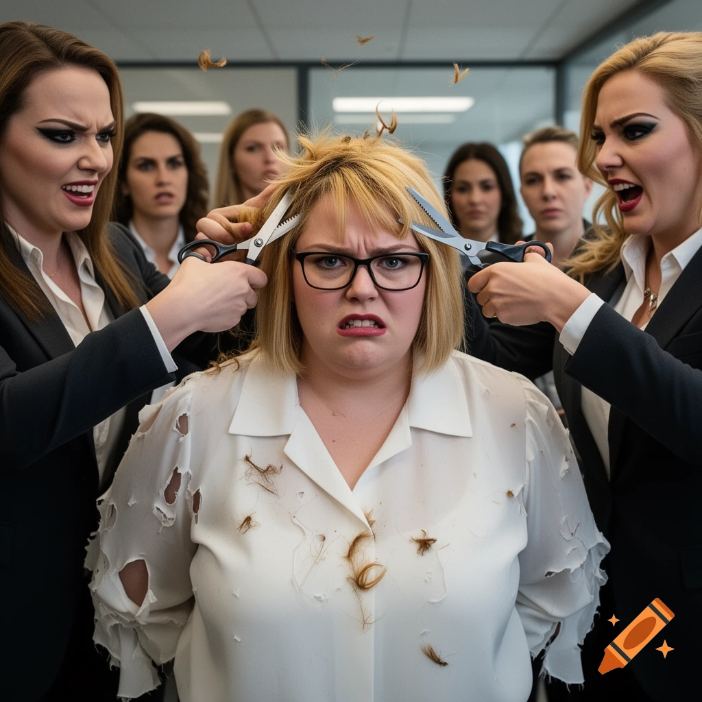 Two women aggressively cut the hair of a distressed woman wearing a torn shirt in an office, with other women watching.