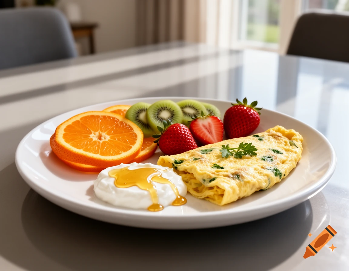 A photorealistic image of a healthy breakfast plate with an omelet, fresh fruit, and yogurt with honey, on a table.