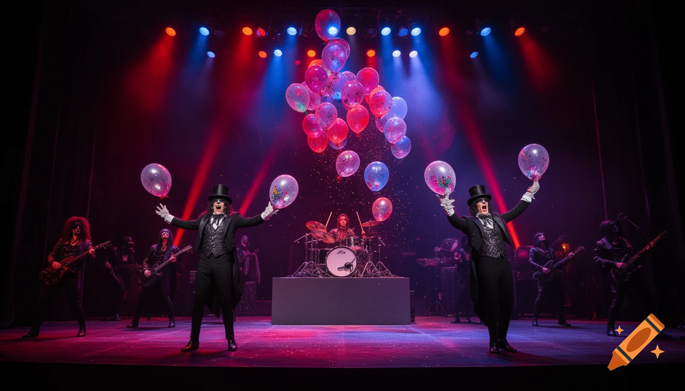 Two performers in top hats and tails on a dark Broadway stage with red and blue lights, surrounded by floating glitter and balloons, while a rock band plays.