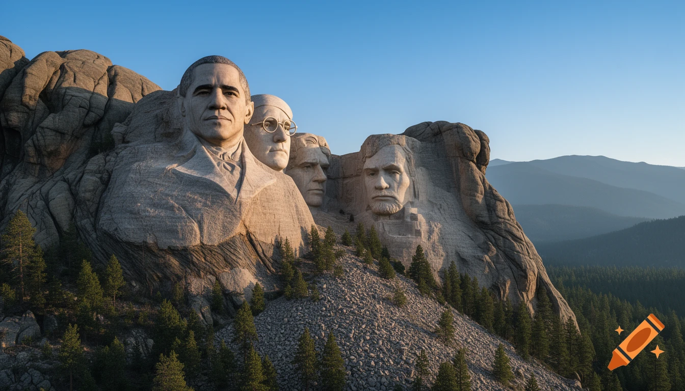 A Mount Rushmore-like monument carved into a mountain, featuring the faces of Barack Obama, Franklin D. Roosevelt, an unidentifiable man, and Abraham Lincoln under a clear blue sky.