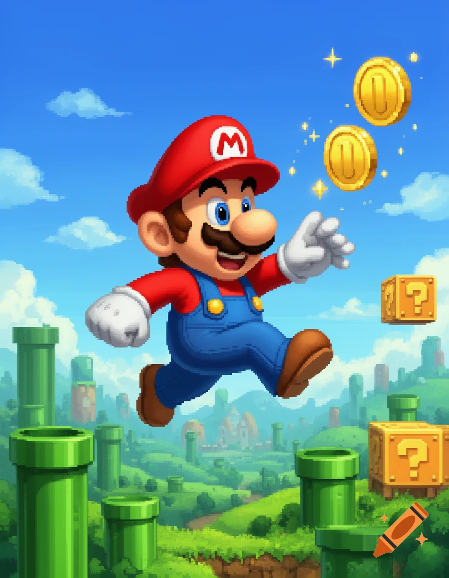 Mario in a red cap and blue overalls jumps in a pixel art landscape with green pipes, question blocks, and golden coins.
