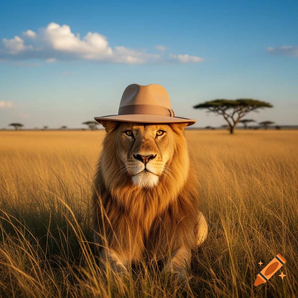 Photorealistic lion wearing a tan fedora in a sunny savanna.