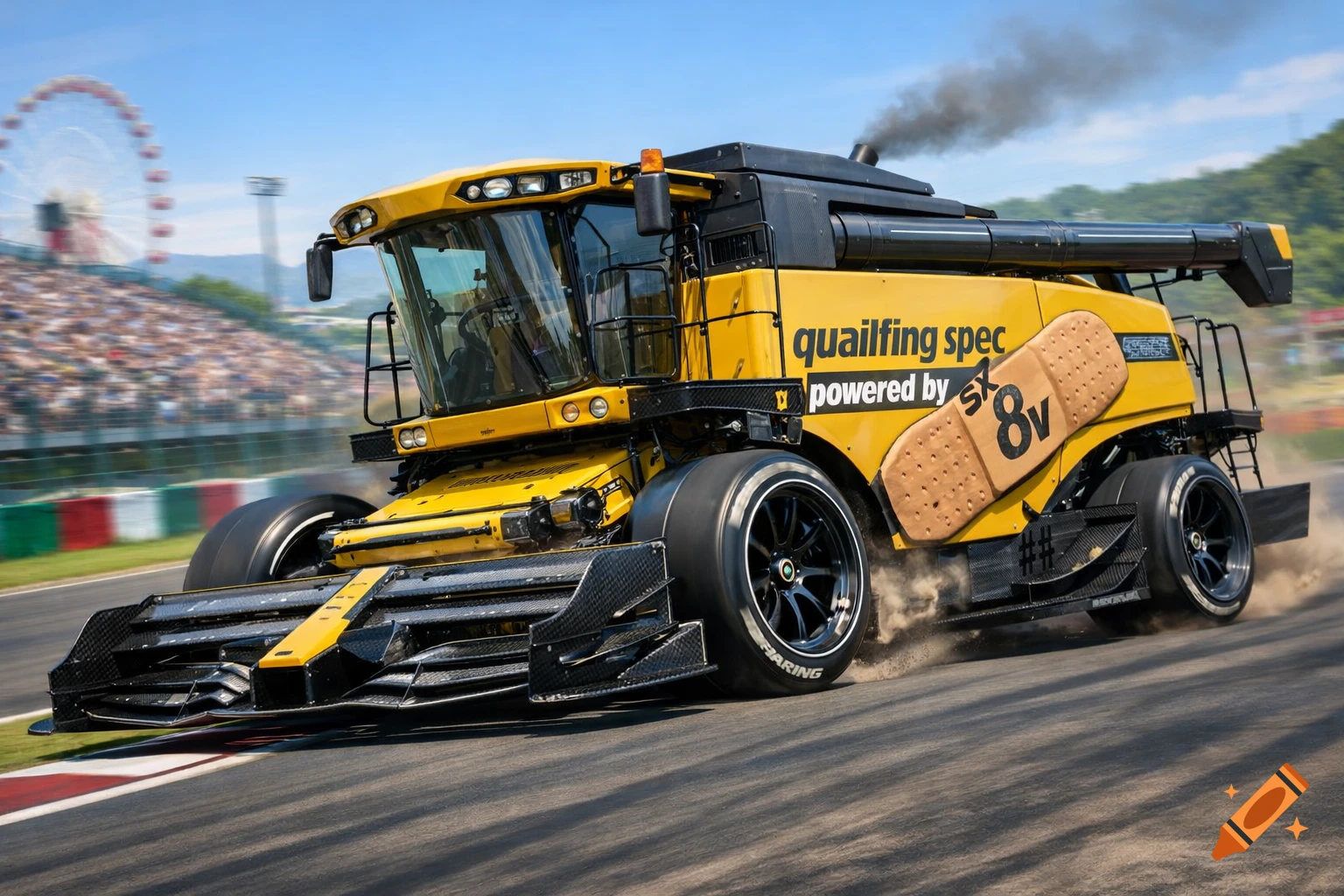 A yellow combine harvester with F1-style wings and slick tires races on a track, smoking, with spectators and a Ferris wheel in the background.