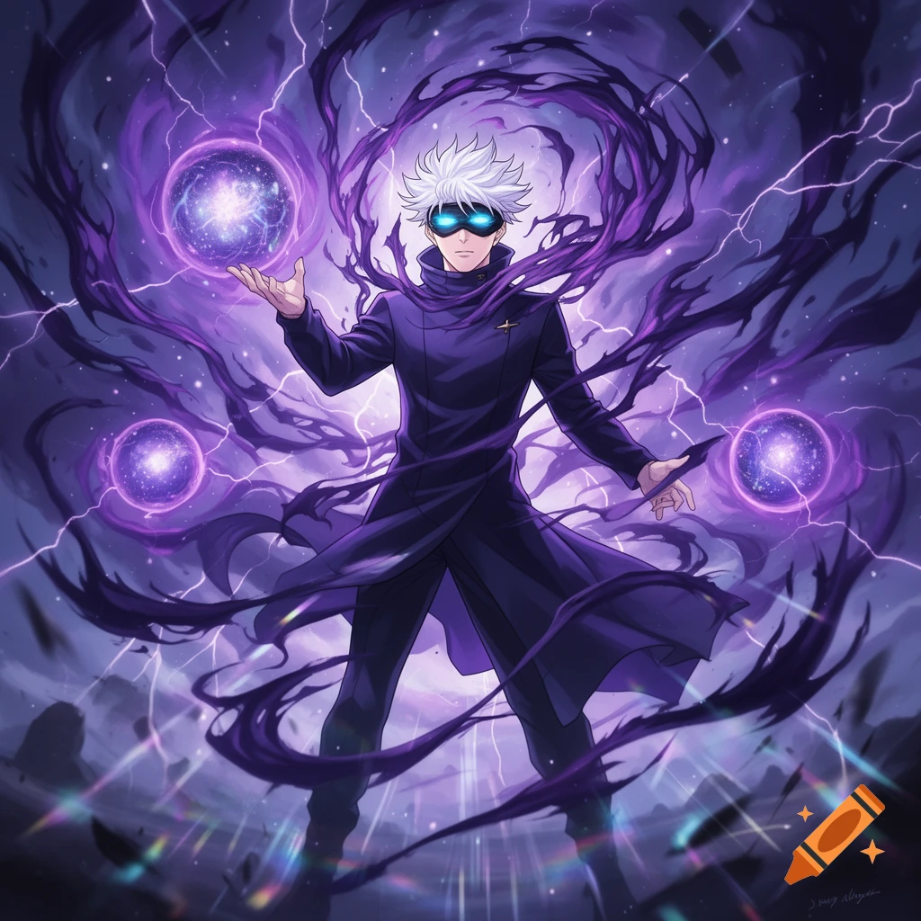 Anime character Gojo Satoru in a long dark coat, wearing a blindfold with glowing blue eyes, surrounded by swirling purple energy and lightning bolts, holding glowing orbs.