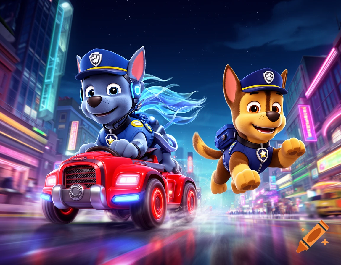 Cartoon dogs Chase and Rocky from Paw Patrol speeding through a neon-lit city at night.