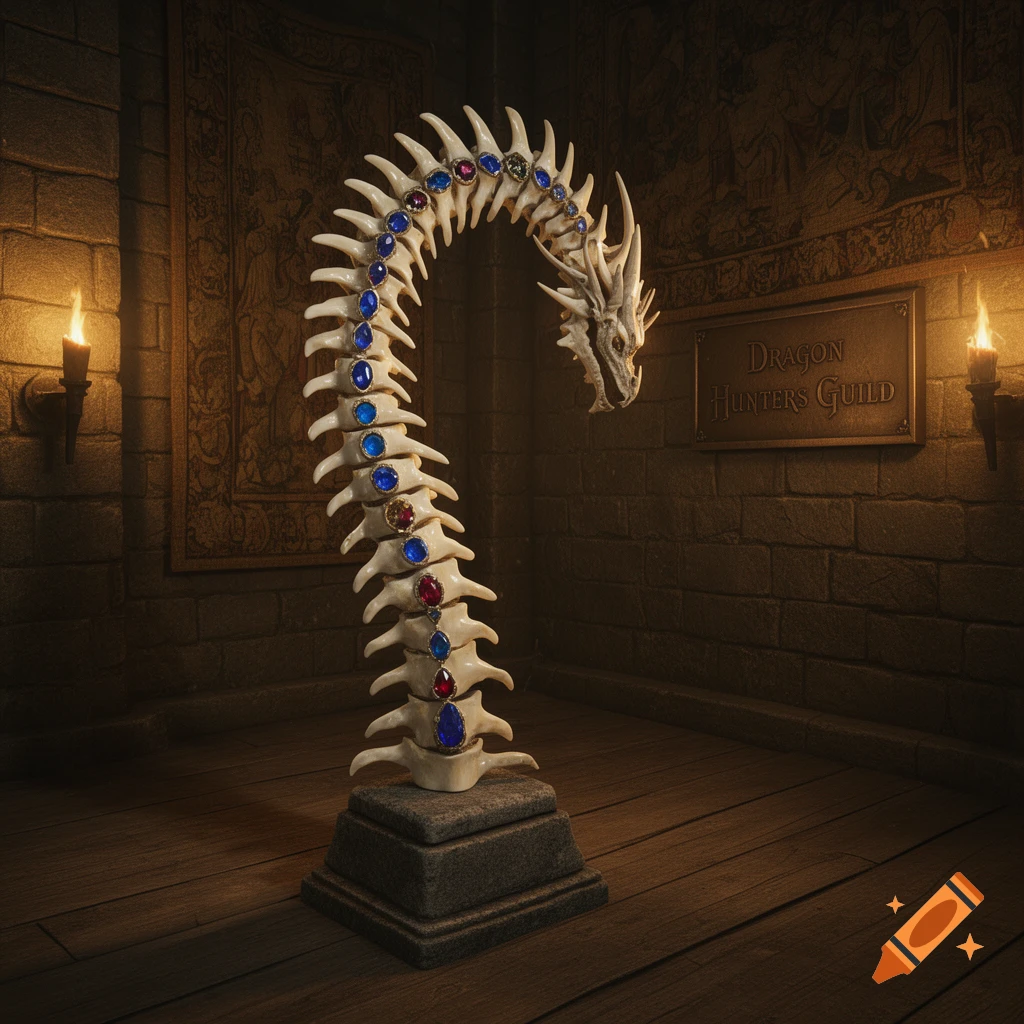 A jeweled dragon spine trophy on a pedestal in a dim stone room with a 'Dragon Hunters Guild' sign.