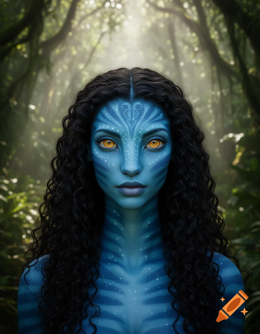 Close-up portrait of a beautiful blue-skinned Na'vi woman with golden eyes and long curly black hair, in a vibrant jungle.