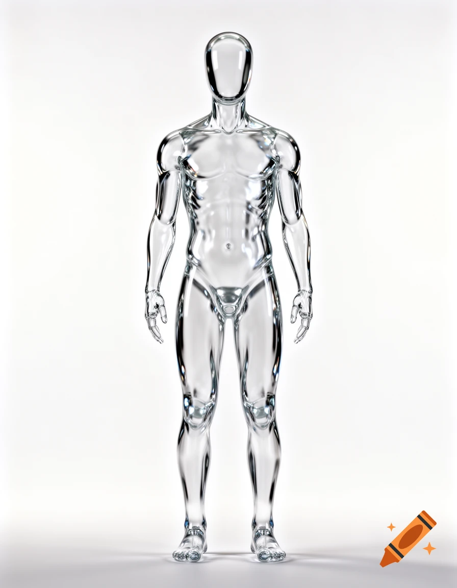 A full body, photorealistic 3D render of a transparent glass faceless humanoid standing against a white background.