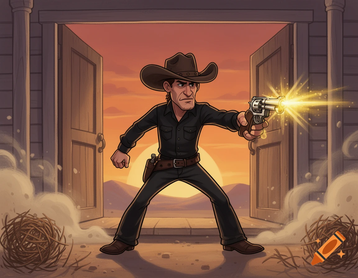 Cartoon painting of a cowboy in black emerging from a doorway, firing a gun at sunset with tumbleweeds.