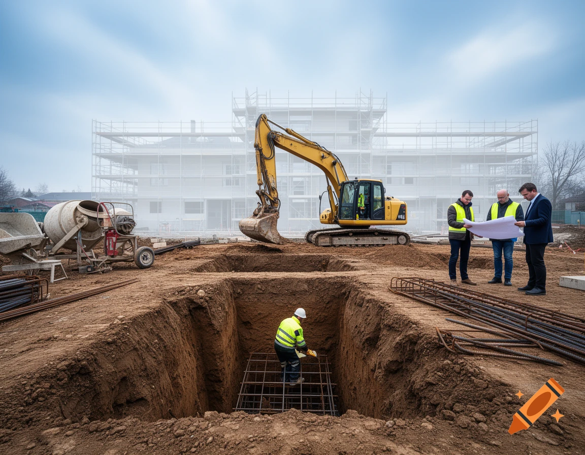 Photorealistic image of a construction site with an excavator, a worker in a trench, and three men reviewing blueprints.