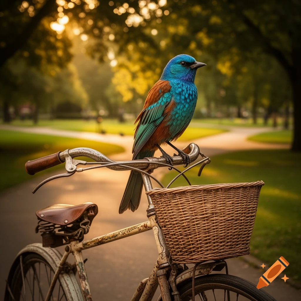 A vibrant blue and orange bird perches on the handlebars of a vintage bicycle in a sunlit park setting.
