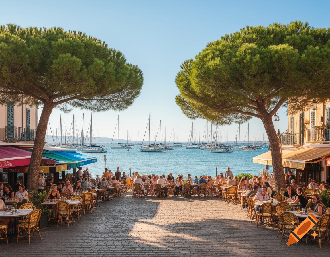 Photorealistic image of people dining at outdoor cafes on a paved square, framed by pine trees, overlooking a bay with sailboats.