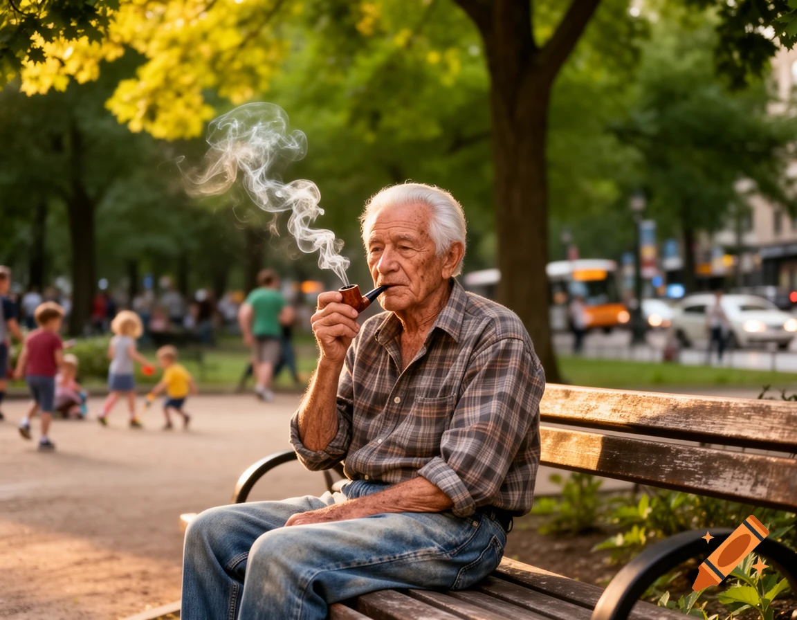An old man with white hair sits on a park bench, smoking a pipe. Blurred people and trees are visible in the background.
