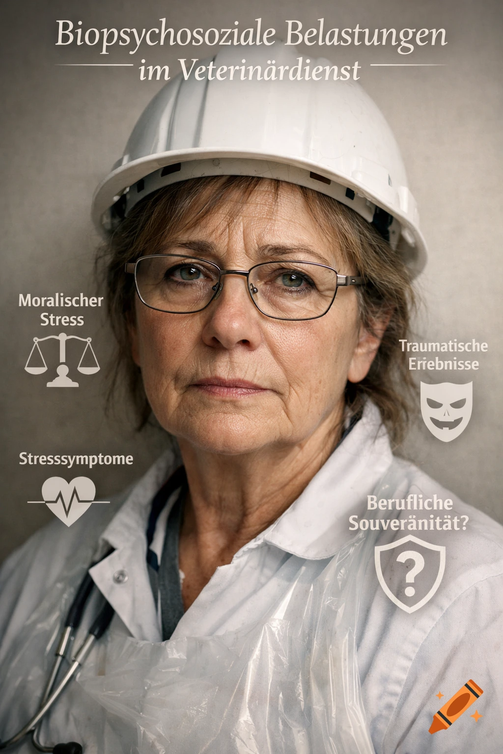 Close-up portrait of a distressed female veterinarian with glasses and a hard hat, with overlayed German infographic text about work-related stress.