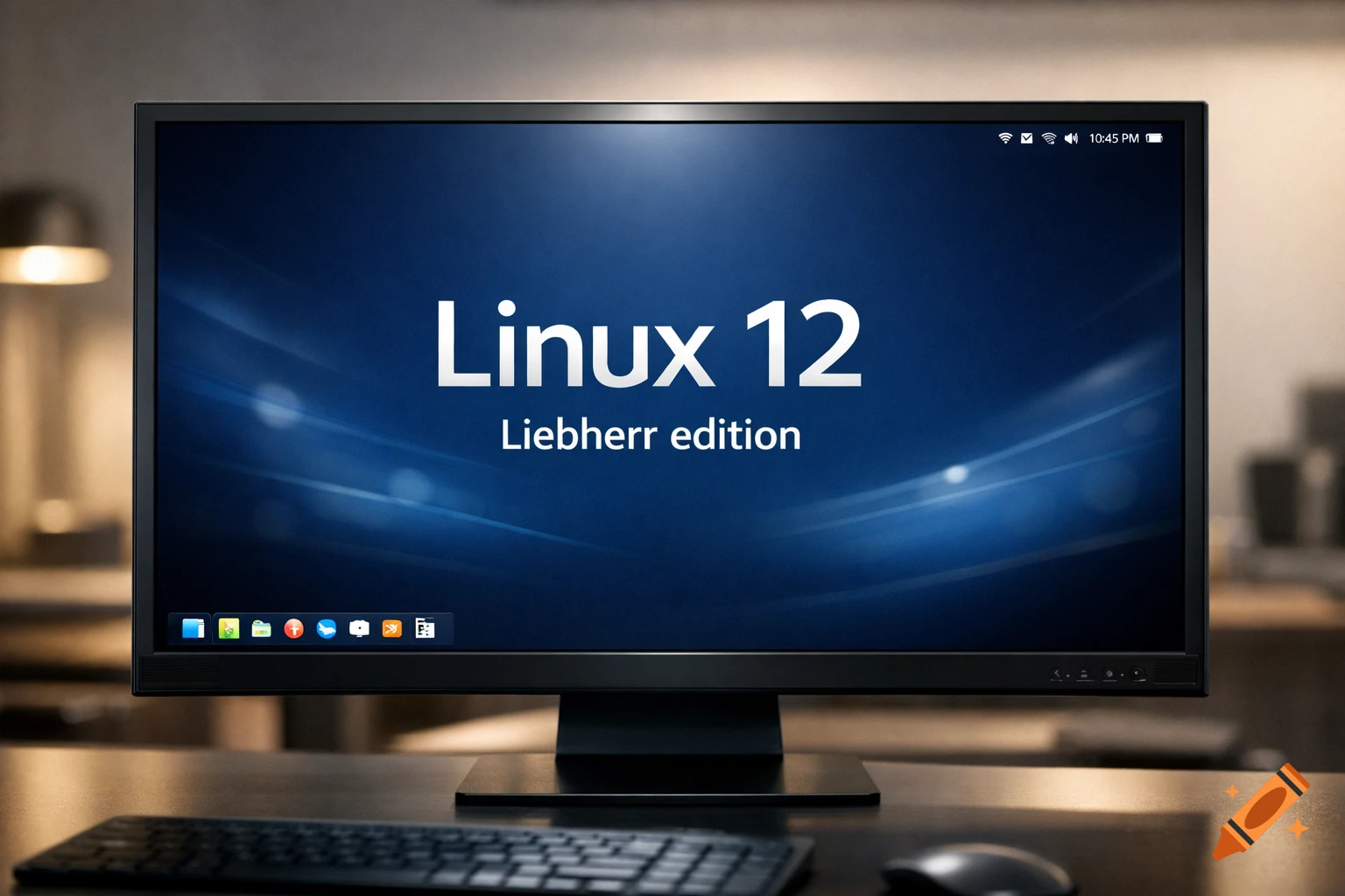 A close-up shot of a computer monitor displaying a dark blue wallpaper with "Linux 12 Liebherr edition" text. A keyboard and mouse are on the desk in front of it.