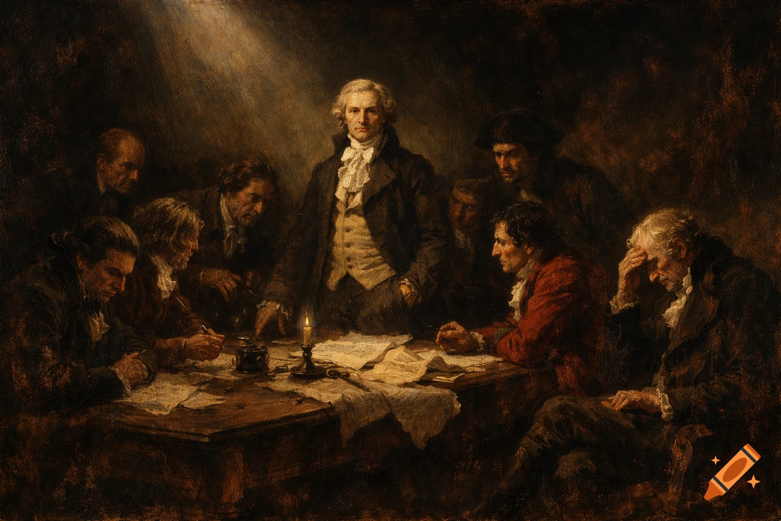 Historical oil painting of men from the French Revolution in a dimly ...