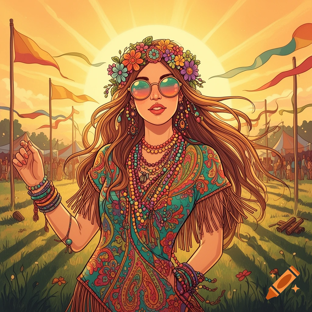 Vibrant cartoon of a hippie lady with a flower crown, sunglasses, and beaded jewelry at a sunset festival with flags.