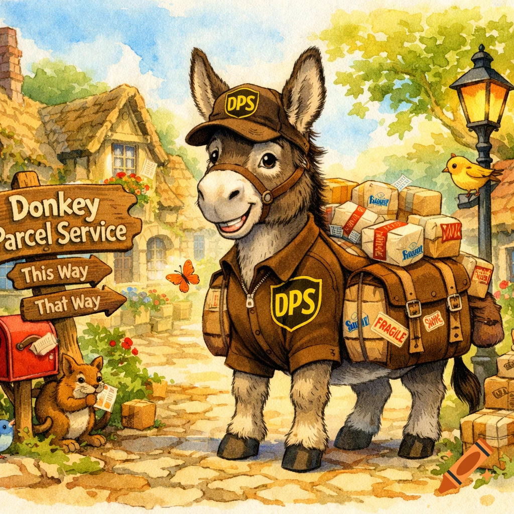 A friendly cartoon donkey wearing a brown delivery uniform and cap, laden with packages, stands on a cobblestone path in a charming village, in a watercolor style. A sign reads "Donkey Parcel Service" and "This Way", "That Way". A squirrel checks a letter next to a mailbox.
