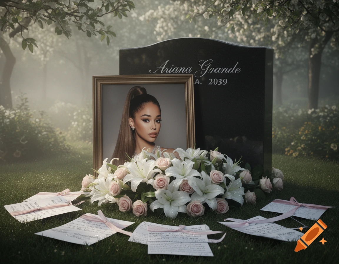 A gravestone engraved with 'Ariana Grande 2039' next to a framed photo of Ariana Grande, surrounded by white lilies and pink roses in a misty garden.