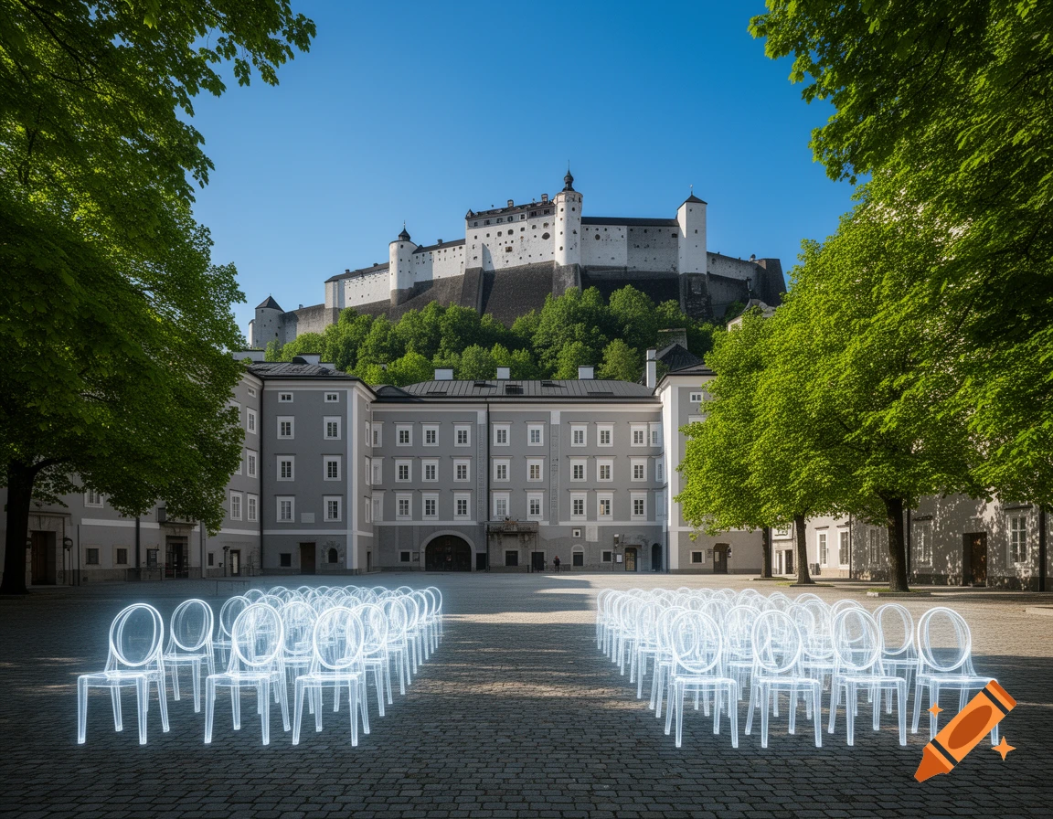 A courtyard in Salzburg with rows of glowing, transparent ghost chairs facing a white historic fortress on a hill against a clear blue sky.