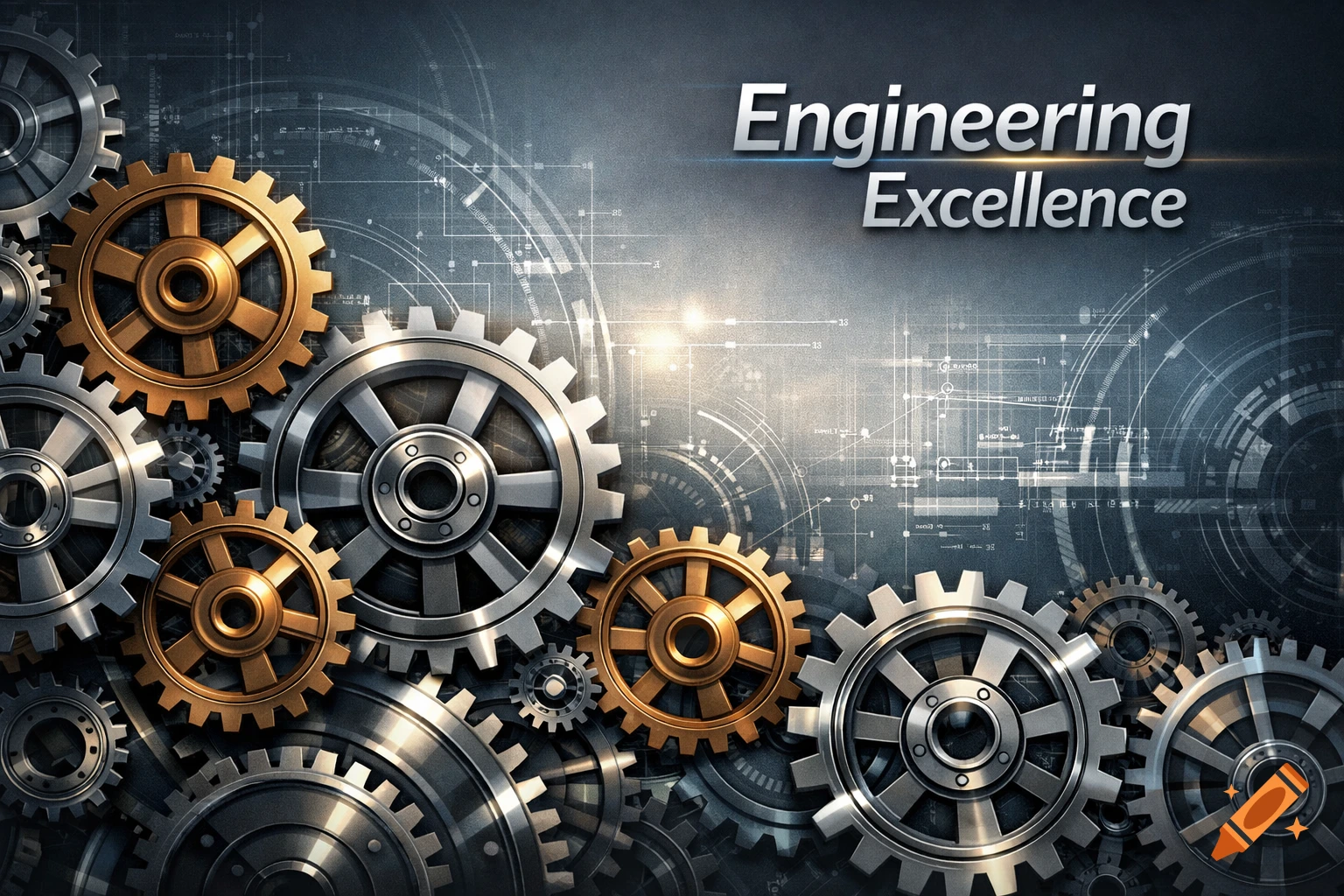 A futuristic industrial background with interlocking silver and gold gears and the text 'Engineering Excellence'.