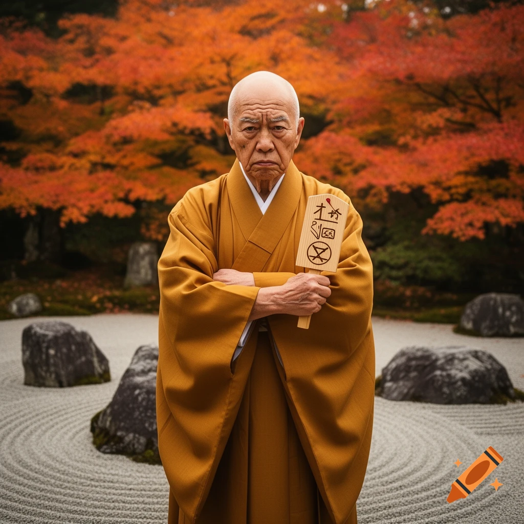 A stern-looking elderly Shinto monk in a golden robe stands with crossed arms in a raked zen garden, holding a wooden paddle with symbols. Vibrant orange and red autumn trees fill the background in this photorealistic image.