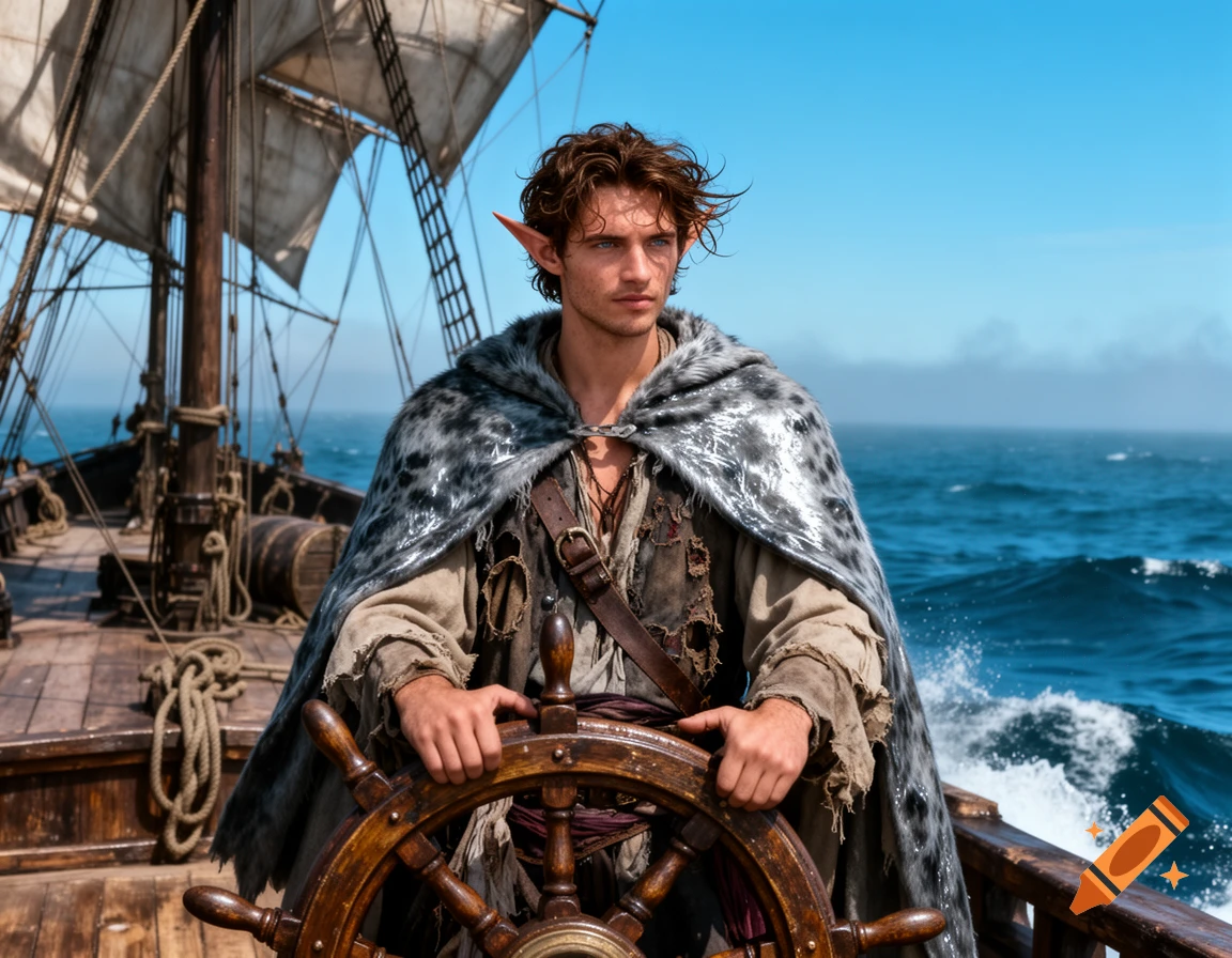 A young man with elf ears and a spotted fur cape steers a wooden pirate ship on a blue ocean under clear skies.