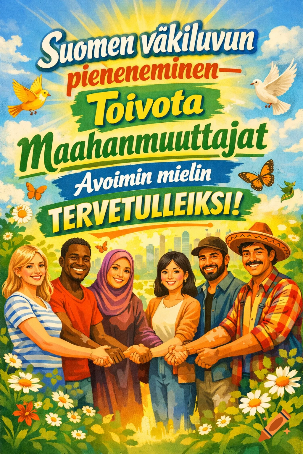A colorful poster showing a diverse group of six smiling people holding hands in a field of flowers, with birds and butterflies. Text in Finnish warns about population decrease and encourages welcoming immigrants with an open mind. A city skyline is in the background under a bright, sunny sky.